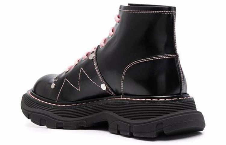 (WMNS) Alexander McQueen Contrast Stitch Tread Lace Up Boots 'Black Pink' 595469WHZ881336 #